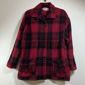 Collective Internationale Wool Red & Black Plaid Fringe Cardigan Canada Western
